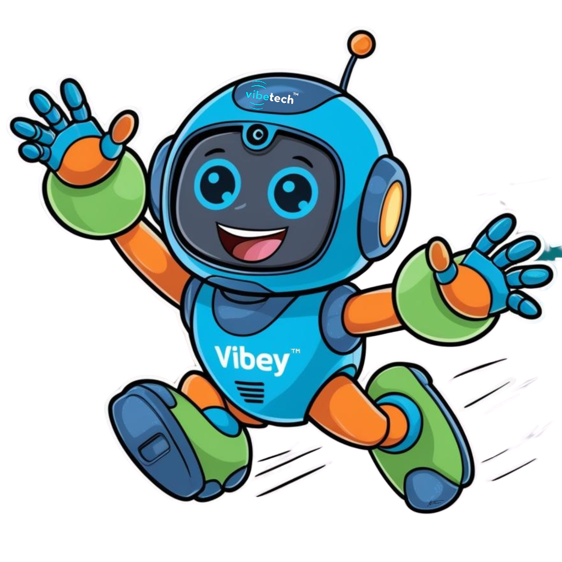 Vibey, the VibeTech robot mascot, waving